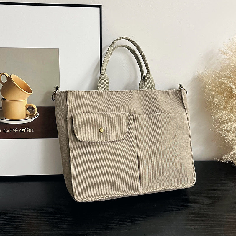 Women Casual Simple Solid Color Large Capacity Corduroy Handbag