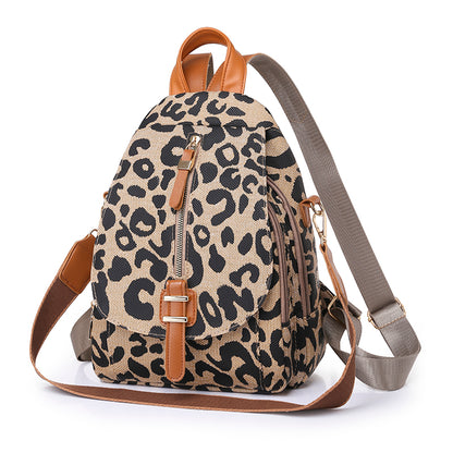 Women Fashion Leopard Pattern Zipper Design Multifunctional Large Capacity PU Backpack