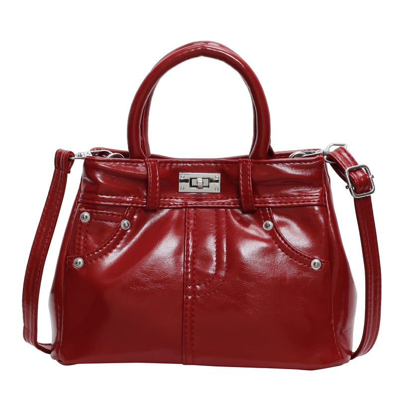 Women Fashion Simple Lock Denim PU Handle Shoulder Bag