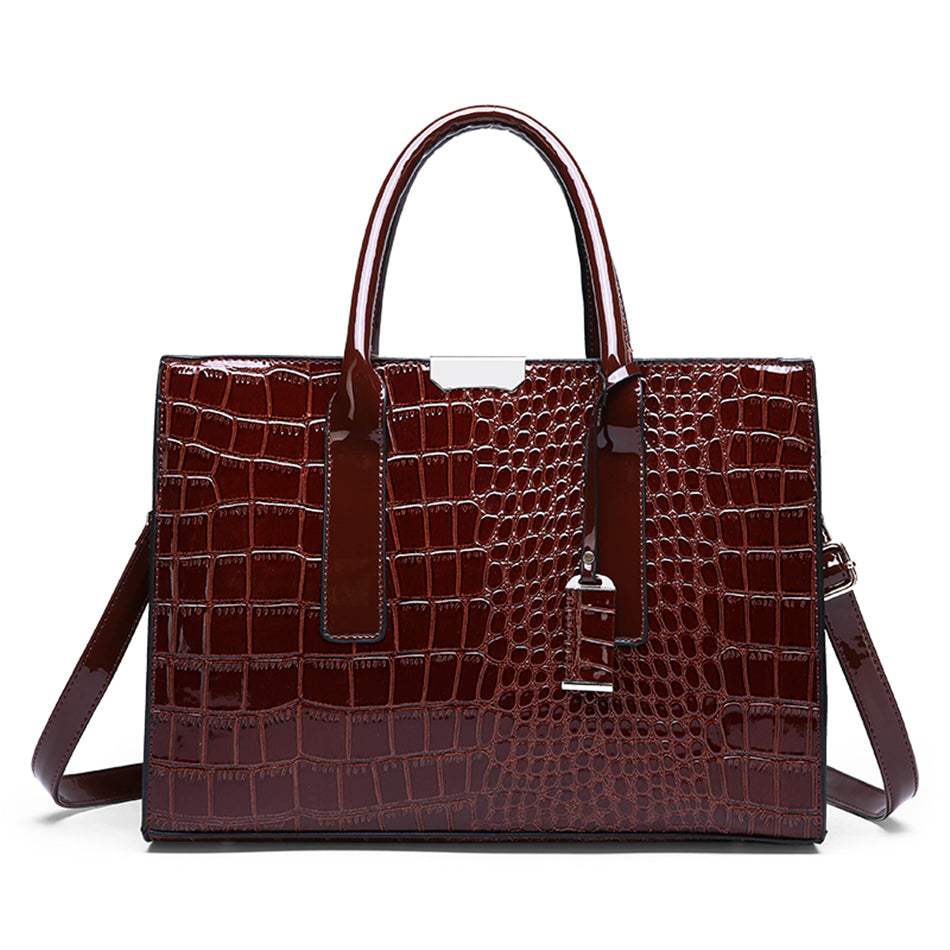 Women Vintage Zipper Design Crocodile Pattern Large Capacity PU Handle Bag