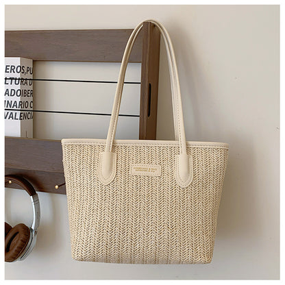 Summer Women Fashionable Solid Color Straw Woven Large Capacity Tote Bag