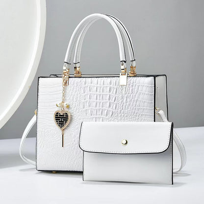 Women Fashion Bright Leather Crocodile Stone Pattern Large Capacity Handbag Set