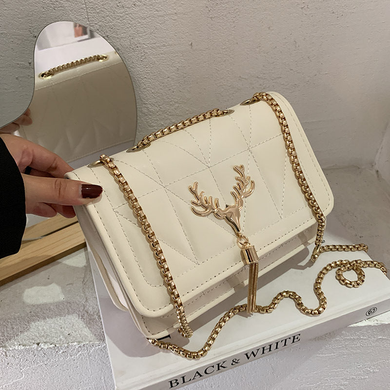 Women Fashion Deer Decorative Flap Buckle Design Solid Color PU Crossbody Bag