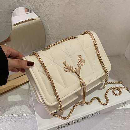 Women Fashion Deer Decorative Flap Buckle Design Solid Color PU Crossbody Bag