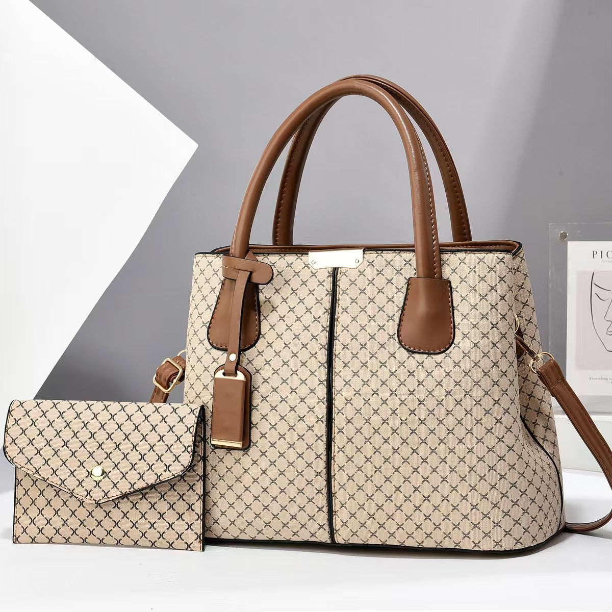 Women Fashion Casual Rhombus Printed Large Capacity Handbag Two-Piece Set