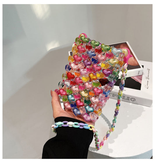 Sac à main en forme de cœur tressé à la main et perles pour femme 