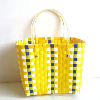 Vegetable Basket Straw Woven Waterproof Beach Women Casual Design Color Blocking Large Capacity Shoulder Handle Bag