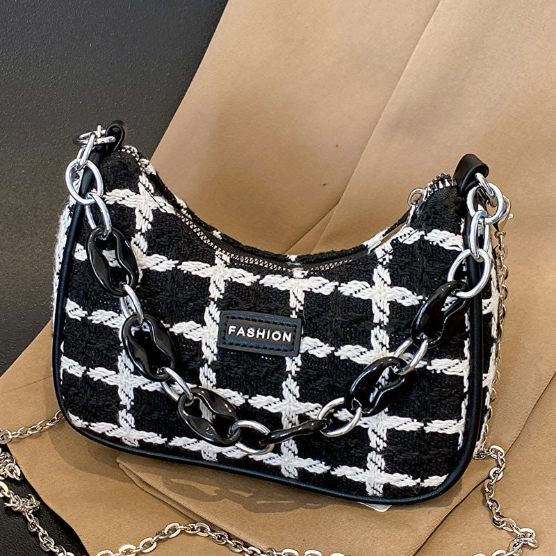 Women Fashion Black White Check Handbag