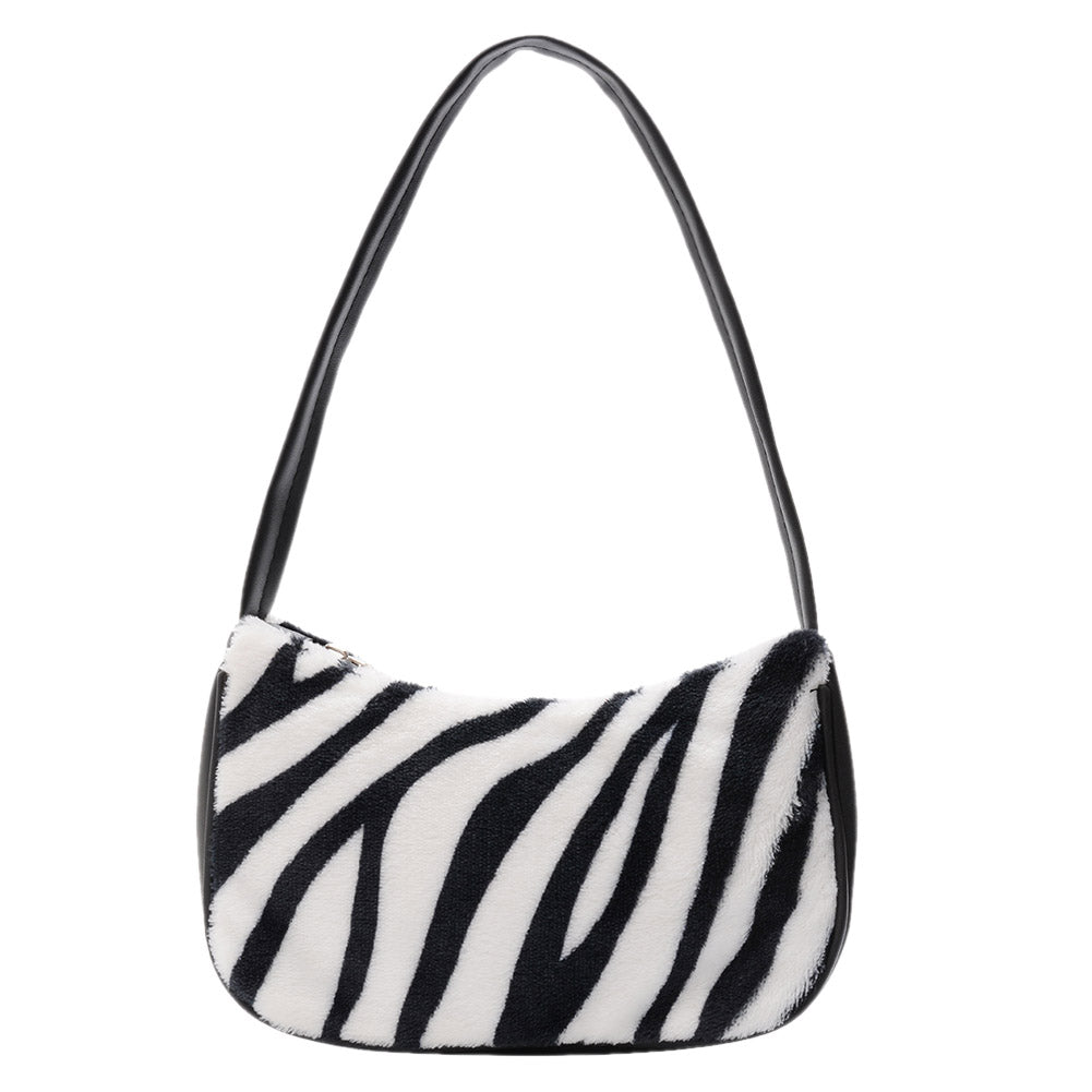 Women Fashion Chic Zebra Cow Pattern Plush Underarm Bag