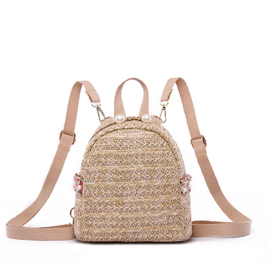 Straw Woven Women Pastoral Pearl Design Solid Color Backpack