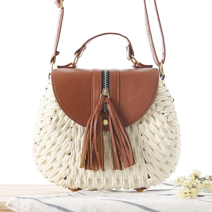 Women Fashion Simple Vacation Beach Straw Woven Color Block Tassel Zipper Flap Shoulder Bag