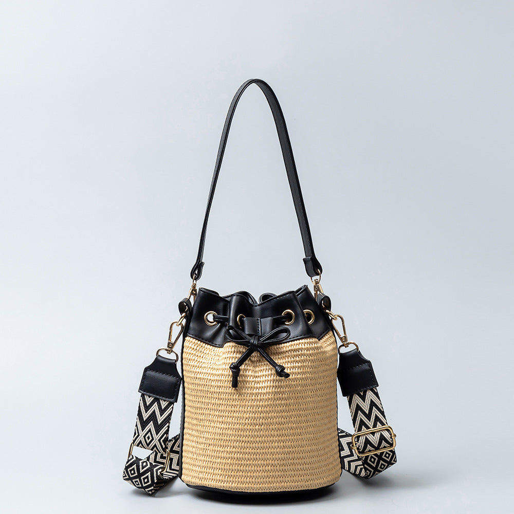 Women Bohemian Grass Woven Wide-Brimmed Jacquard Strap Drawstring Shoulder Bag