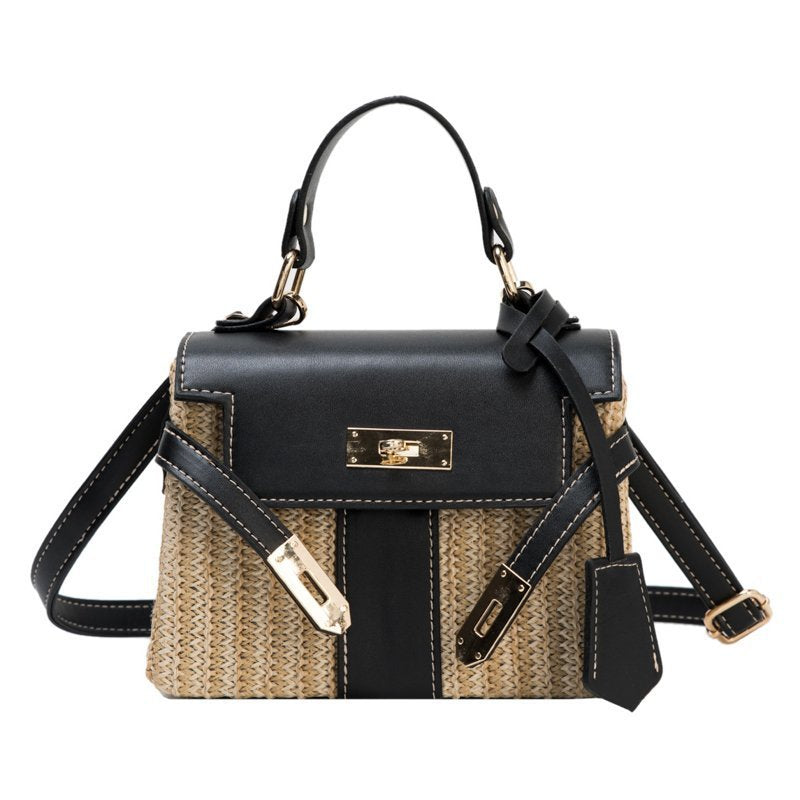 Women Trendy Woven Flap Buckle Design Color Blocking Straw Crossbody Bag
