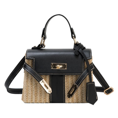 Women Trendy Woven Flap Buckle Design Color Blocking Straw Crossbody Bag