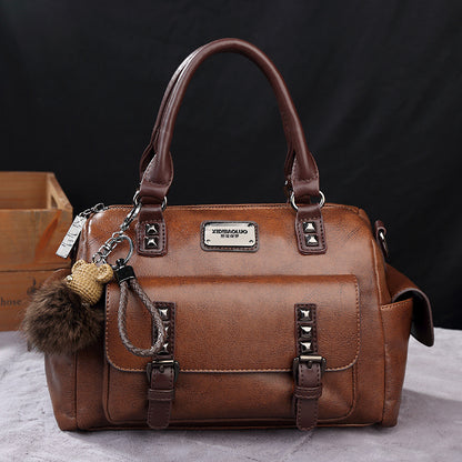 Women Fashion Retro Large Capacity Rivet Fur Ball Pendant PU Handle Shoulder Bag