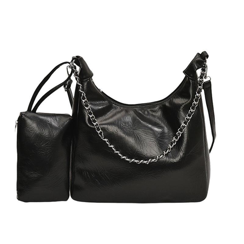 Women Fashionable Solid Color Large Capacity Zipper Shoulder PU Tote Bag