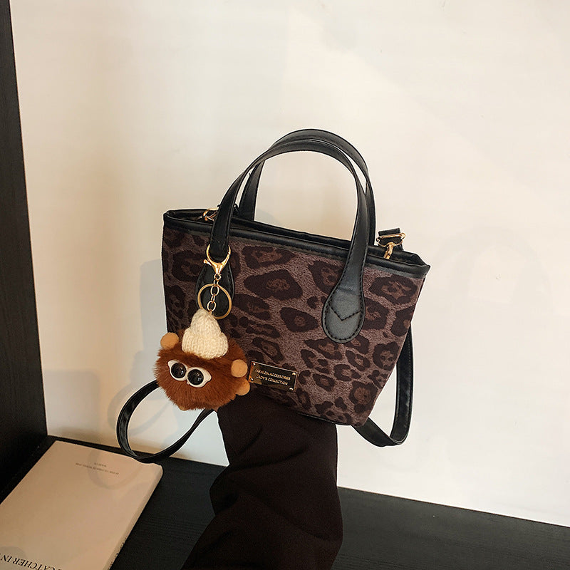 Women Fashion Casual Leopard Pendant Frosted Suede Shoulder Handbag