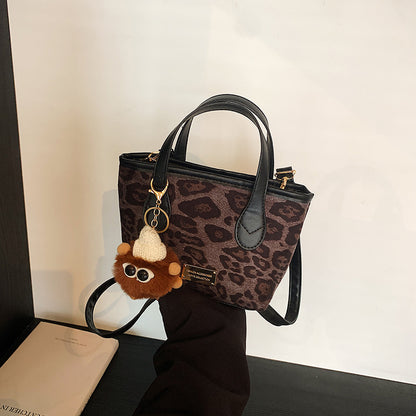 Women Fashion Casual Leopard Pendant Frosted Suede Shoulder Handbag