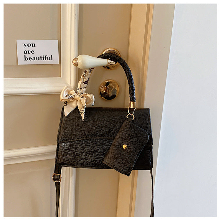 Women Fashion Solid Color Flap Scarf Coin Purse Pendant Square Handle Crossbody Bag