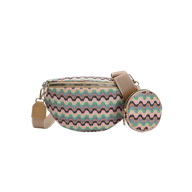 Summer Women Fashion Ethnic Style Color Block Straw Woven Crossbody Chest Bag