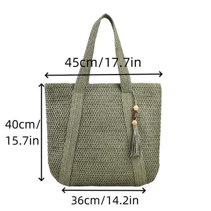 Summer Women Leisure Vacation Beach Grass Woven Tassel Pendant Tote Bag