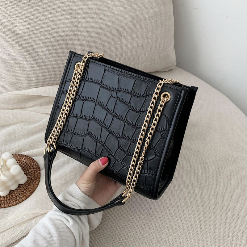 Women Casual Chain Design Stone Pattern PU Shoulder Bag
