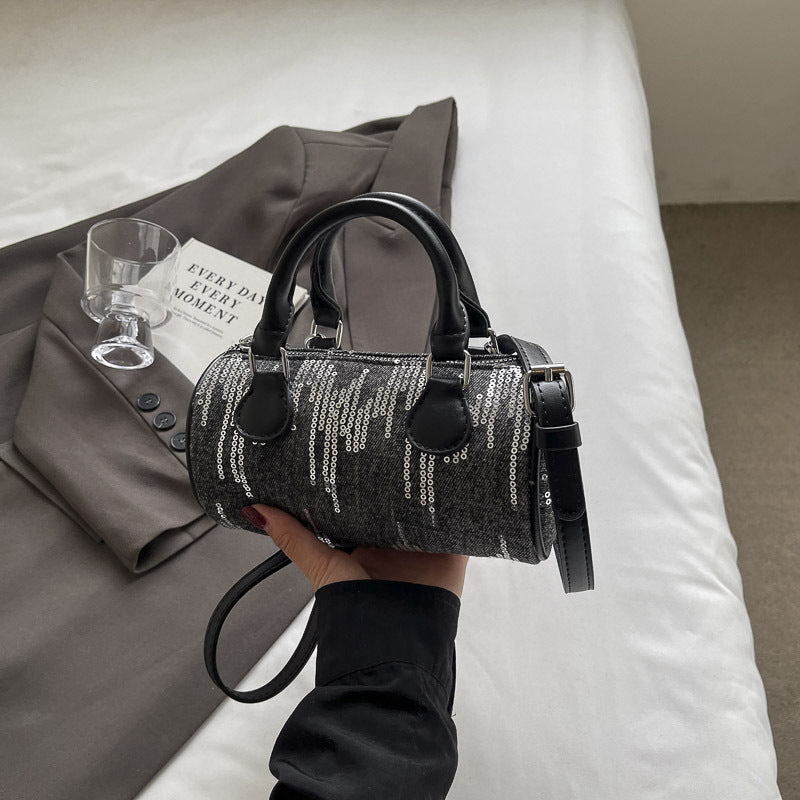 Sac à bandoulière cylindrique à paillettes vintage avec fermeture éclair 