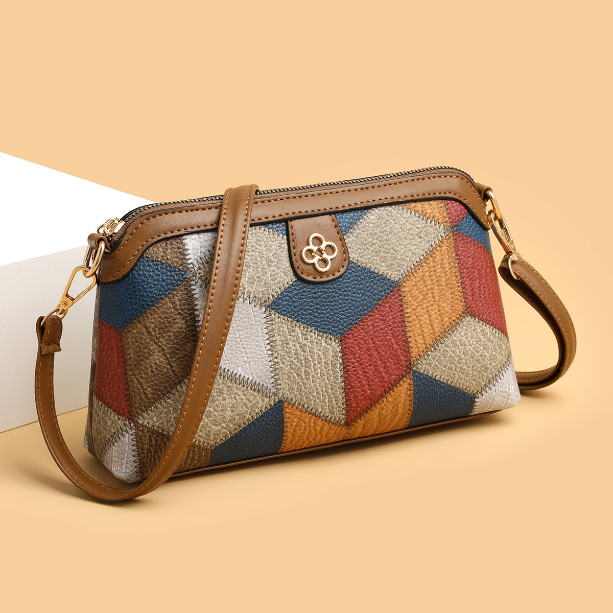 Women Fashion Bohemian Style Color Block Rhombic Stitching Zipper Crossbody Bag