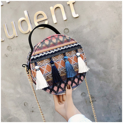 Women Boho Tassel Decorative Woven Design Color Blocking Crossbody Bag