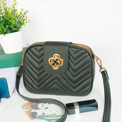 Sac à bandoulière en PU à trois couches avec fermeture éclair et broderie florale à rayures de couleur unie pour femme 