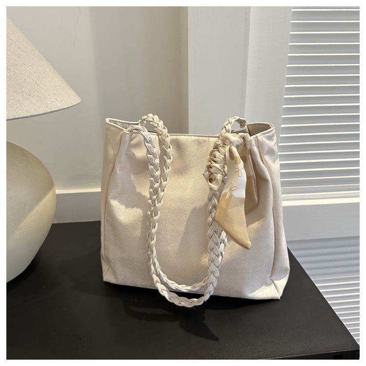 Women Fashionable Large Capacity Silk Scarf Handle Decorative PU Tote Bag