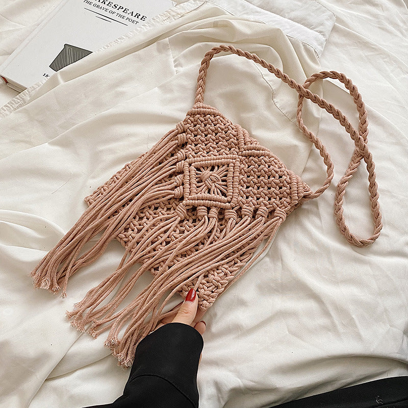 Women Casual Boho Solid Color Tassel Woven Vacation Shoulder Bag
