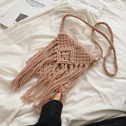 Women Casual Boho Solid Color Tassel Woven Vacation Shoulder Bag