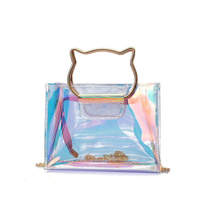 Sac à bandoulière en PVC avec poignée en forme d'oreilles de chat et design laser créatif pour femme 