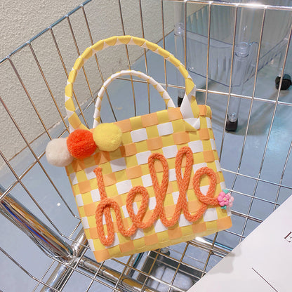 Women Cute Sweet Letters Decorative Colorful Woven Design Pompon Pendant Straw Shoulder Bag