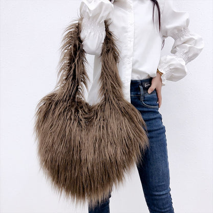 Sac à bandoulière en peluche en forme de cœur pour femme, mignon et tendance, couleur unie, hiver 