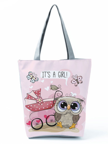 Simple White Creative Cartoon Owl Print Shopping Bag