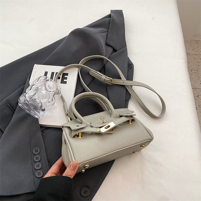 Women Fashion Solid Color Lock PU Handle Shoulder Bag