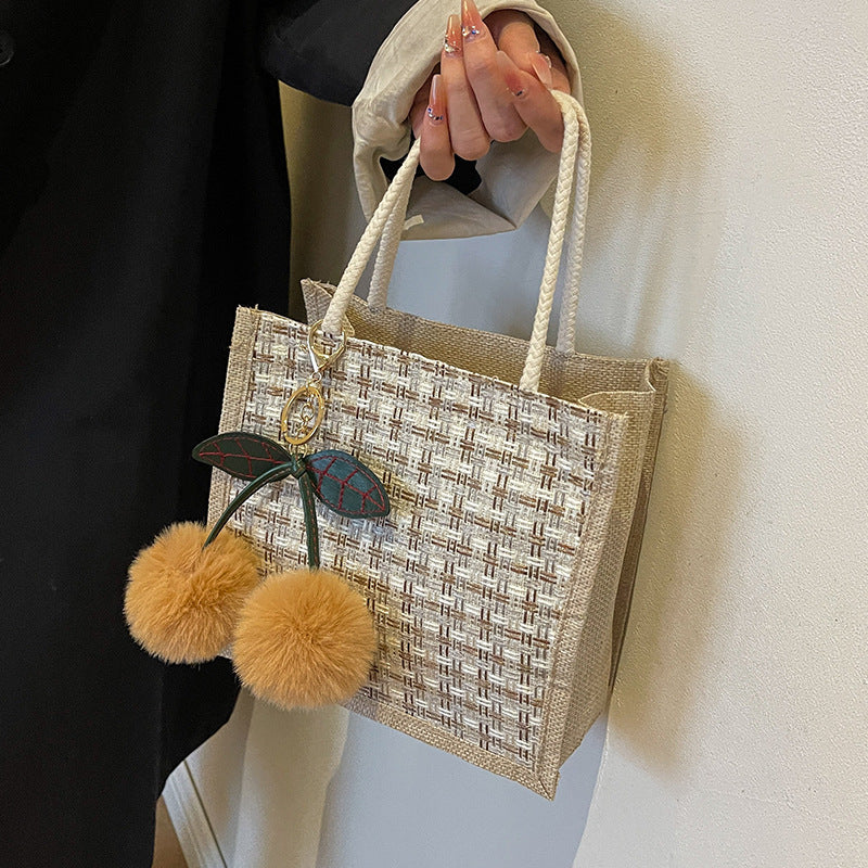Women Fashion Casual Color Block Cherry Pendant Linen Tote Bag