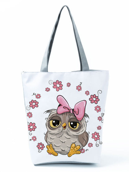 Simple White Creative Cartoon Owl Print Shopping Bag