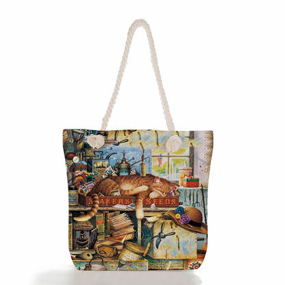 Women'S Cute Cat Print Thick Rope Travel Shopping Bag