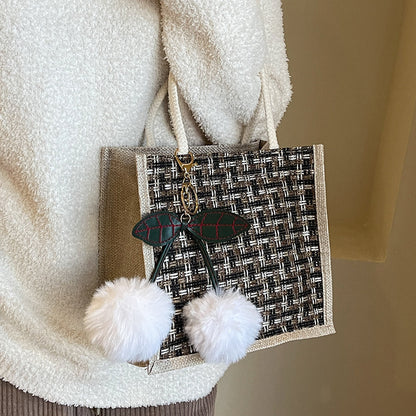 Women Fashion Casual Color Block Cherry Pendant Linen Tote Bag