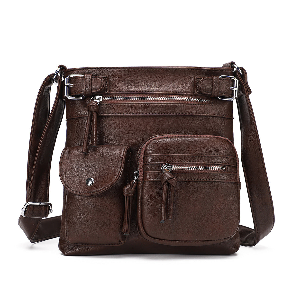 Sac à bandoulière carré en PU à fermeture éclair multi-poches rétro pour femme 