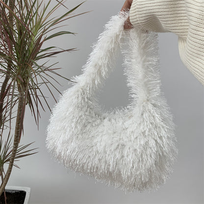 Sac à main en peluche de couleur unie pour femme, tendance automne et hiver 