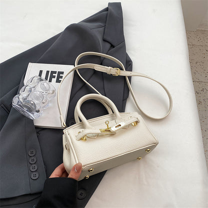 Women Fashion Solid Color Lock PU Handle Shoulder Bag