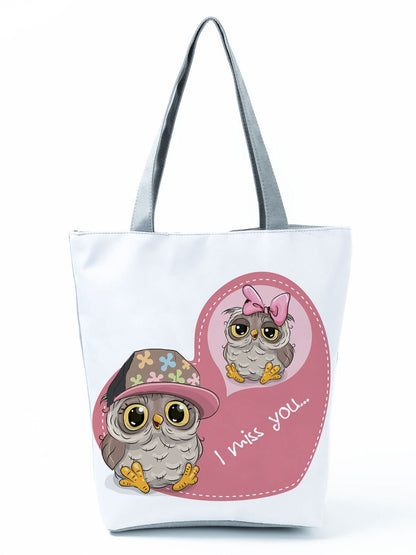 Simple White Creative Cartoon Owl Print Shopping Bag