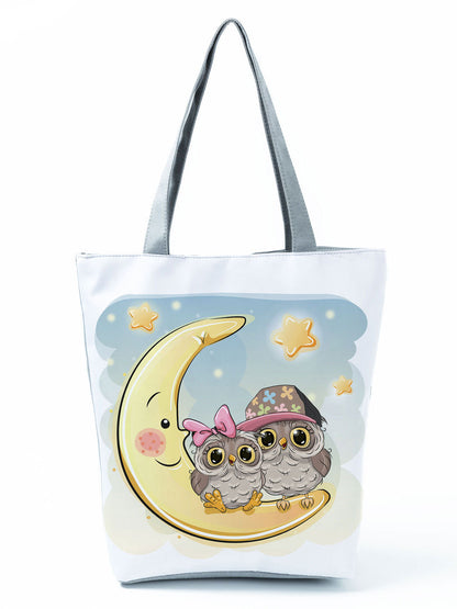 Simple White Creative Cartoon Owl Print Shopping Bag