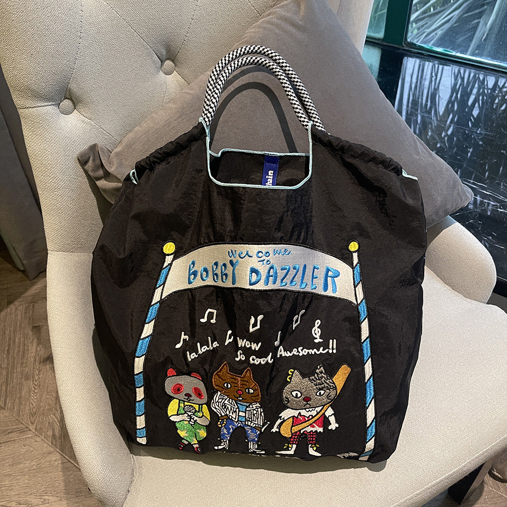 Women Fashion Nylon Embroidered Large Capacity Canvas Shopping Bag