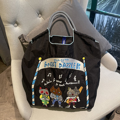 Women Fashion Nylon Embroidered Large Capacity Canvas Shopping Bag