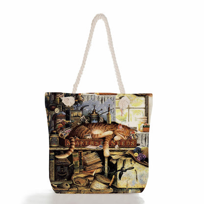 Women'S Cute Cat Print Thick Rope Travel Shopping Bag